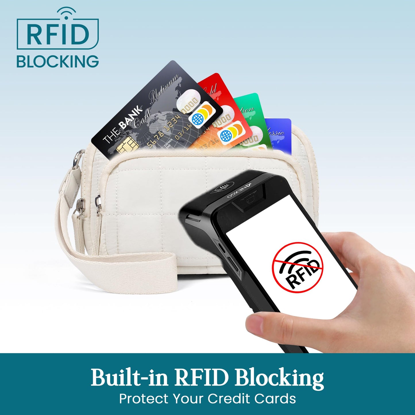 VONAL Wristlet Wallets for Women, Quilted Wristlet Purse, Nylon Wallet Purse with 3 Zipper, Credit Card Holder with RFID Blocking Cell Phone Organizer, Puffer Womens Wristlet Wallets, Beige