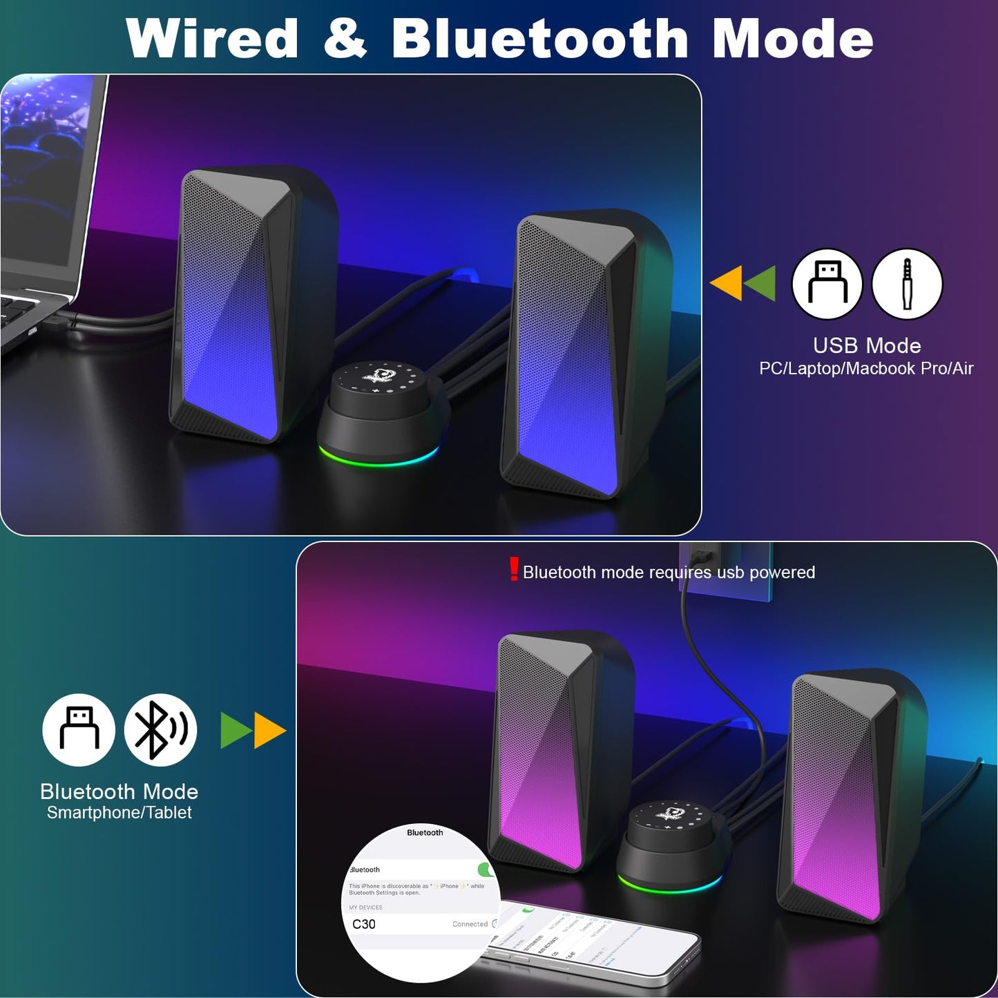 SOULION C30 Bluetooth Computer Speakers, 2.0 PC Speakers for Desktop Monitor, Wired USB Powered & Pulsing & LED Flame Lights, 3.5 mm AUX Speakers for Laptop Gaming with Wired Handy Control