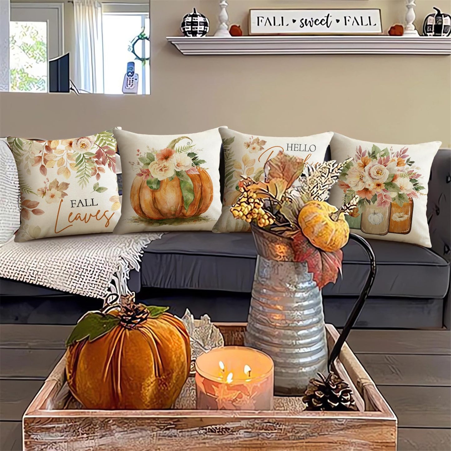 NIGHTWISH Fall Pillow Covers 18x18 Set of 4 Thanksgiving Farmhouse Decorations Leaves Pumpkin Outdoor Fall Decor Throw Pillow Covers Floral Mason Jars Harvest Autumn Cushion Case for Sofa Couch