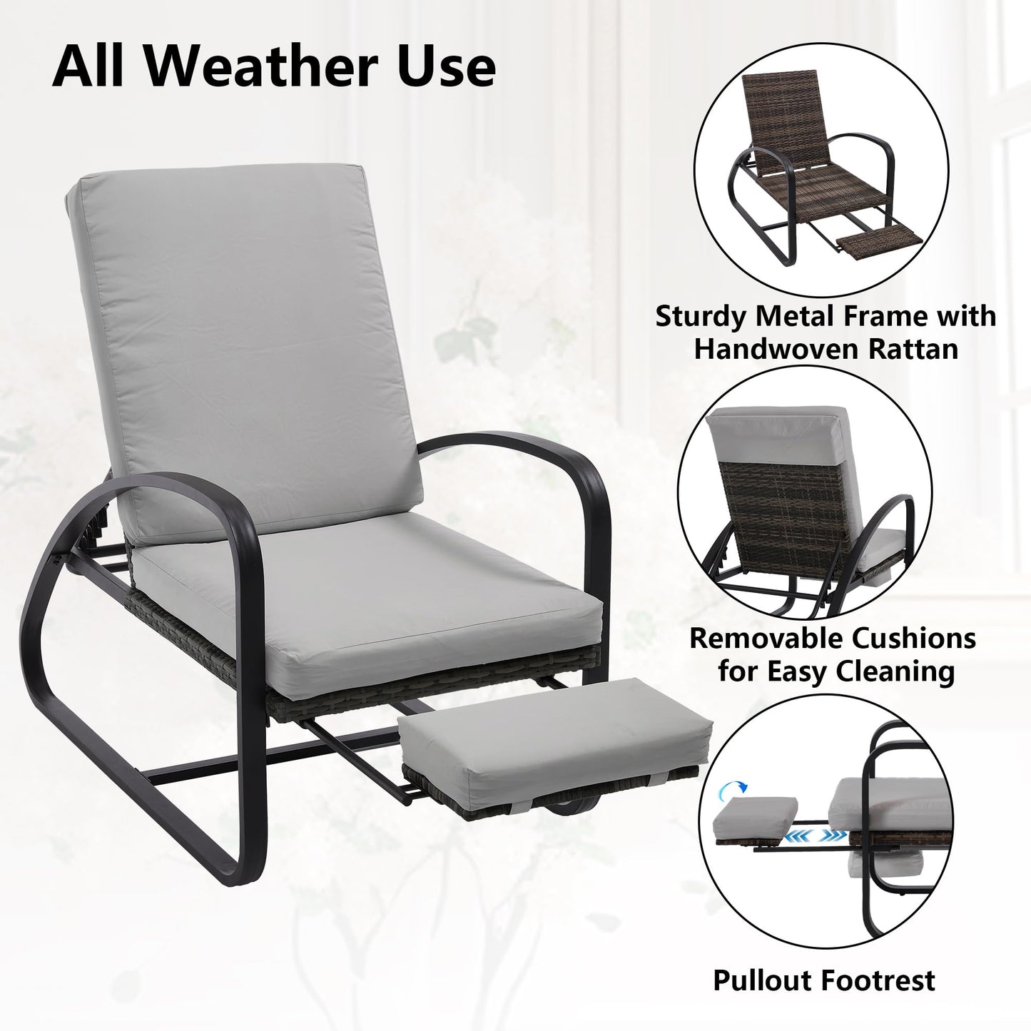 DAYARUS 3 Piece Patio Furniture Set with Pullout Footrest, Adjustable Backrest Patio Conversation Set, Metal Patio Chairs with Coffee Table, Outdoor Furniture Lounge Recliner for Lawn/Balcony, Grey
