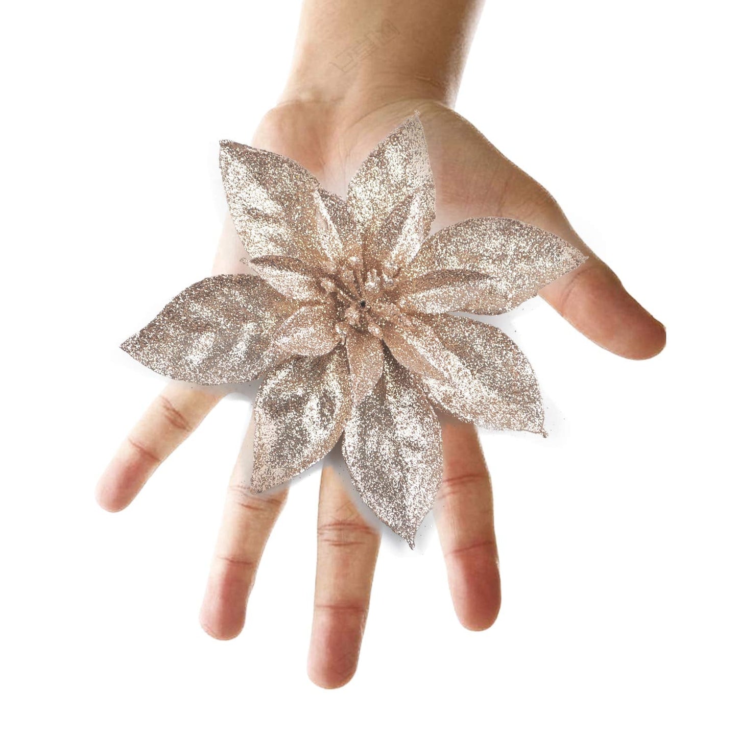 GL-Turelfies 12 Pcs Glitter Christmas Flowers(16cm/6.3’’) with 12 Pcs Clips Artificial Poinsettia Flower Christmas Tree Flower Decorations Xmas Tree Ornaments (Champagne)