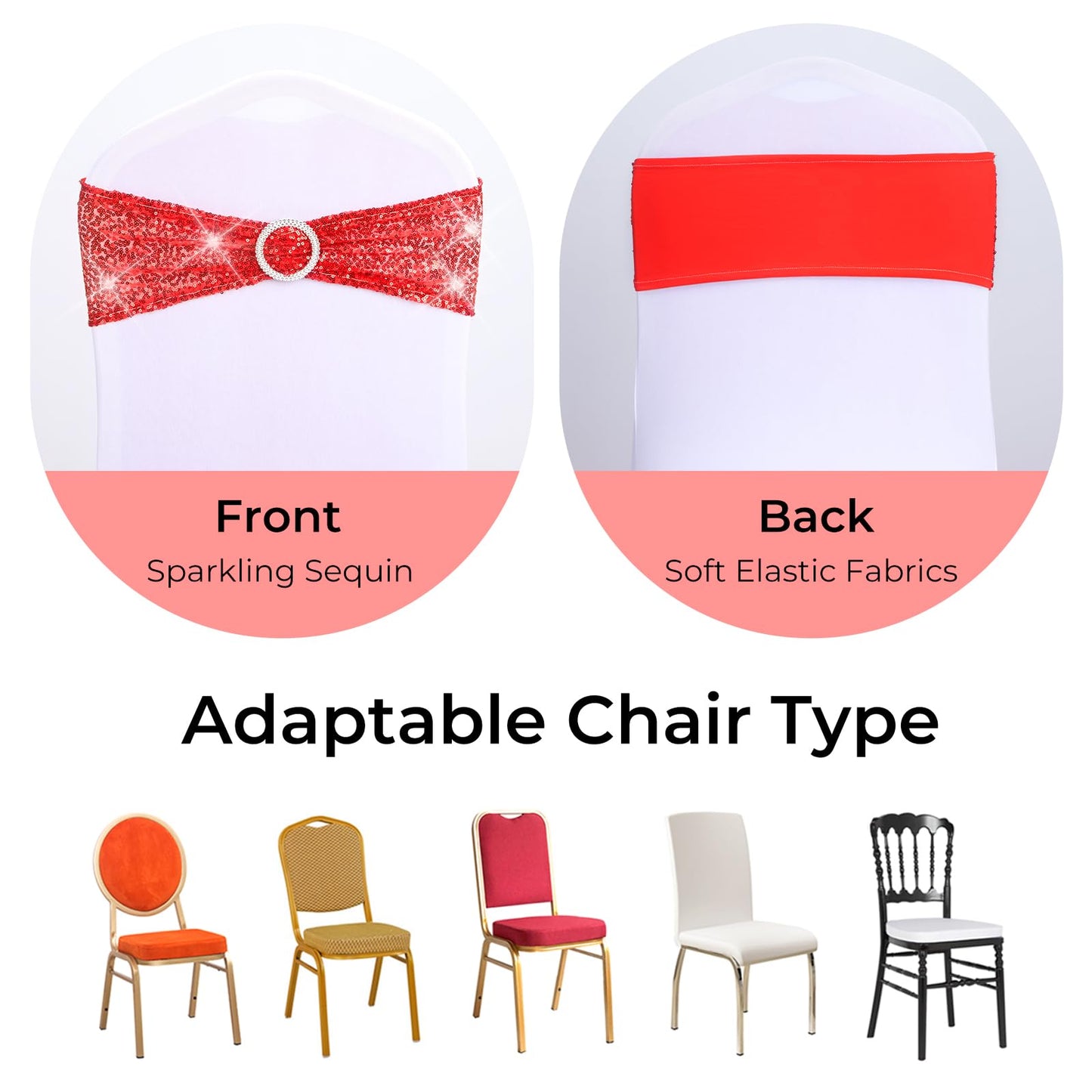 Babenest 10pcs Sequin Chair Sashes with Buckle Slider, One-Sided Sequins Stretchy Spandex Bands, Glitter Elastic Chair Ties for Wedding Party Ceremony Banquet Decorations (Red)