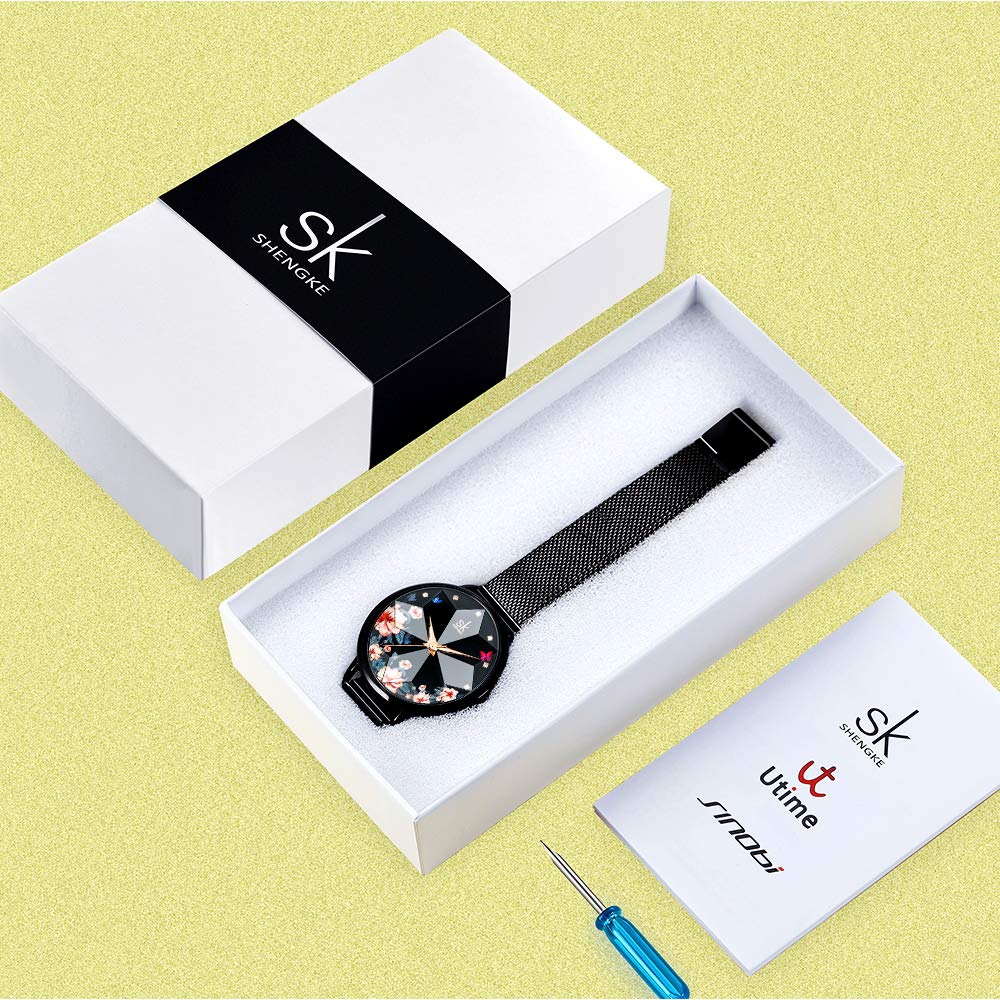 SHENGKE Creative Starry Star Women Watch with Stainless Steel Mesh Band Genuine Leather Elegant Luxury Ladies Watches (Flower-Mesh Band-Black)