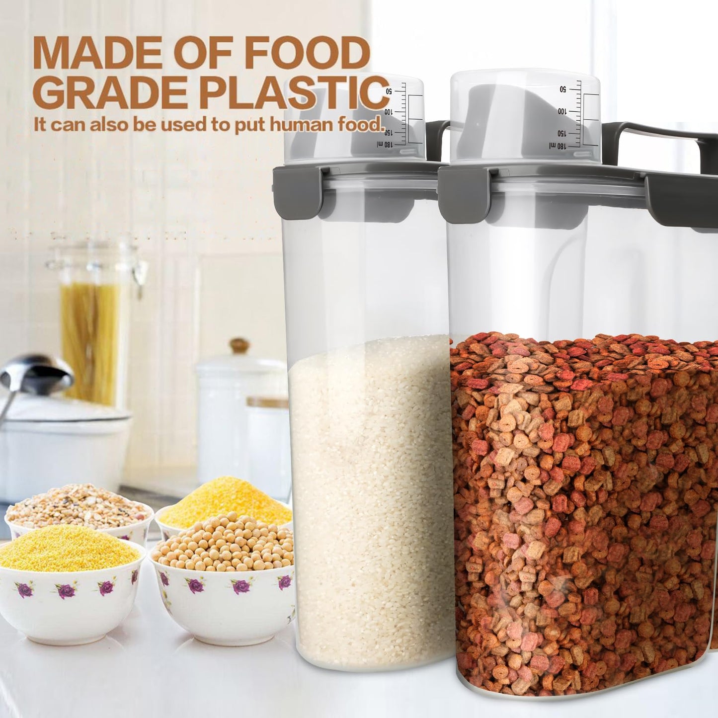 TIOVERY Dog Food Storage Container, 5-7 Lbs Airtight Pet Food Container, Cat Food Container Dispenser Plastic Bin with Pouring Spout, Portable Handle and a Collapsible bowl for Dogs Cats Grey/6Qt