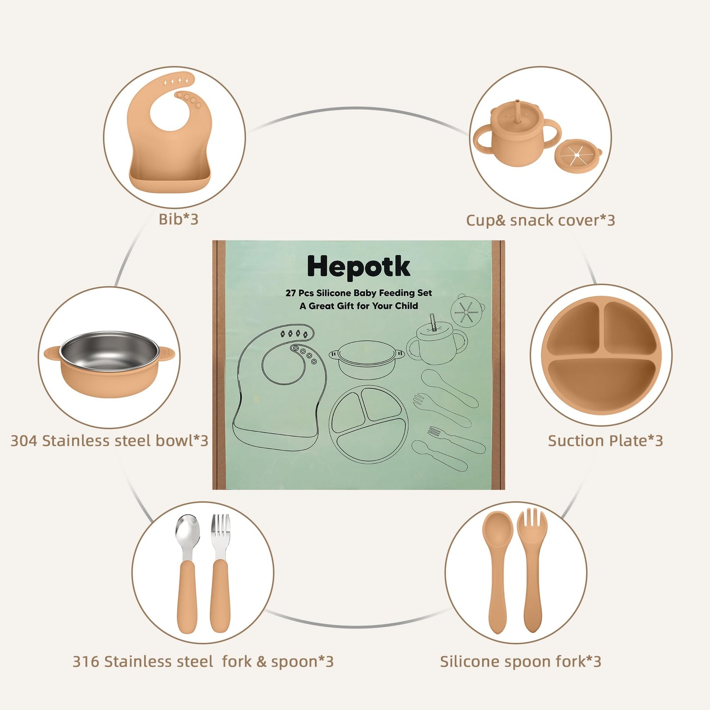 27 Pack Silicone Baby Feeding Set, Hepotk BPA-Free Food Grade Baby Feeding Essentials Utensils, Second Stage Baby Food Eating Utensils, Set of 3 babies(Brown, Beige, Grey)