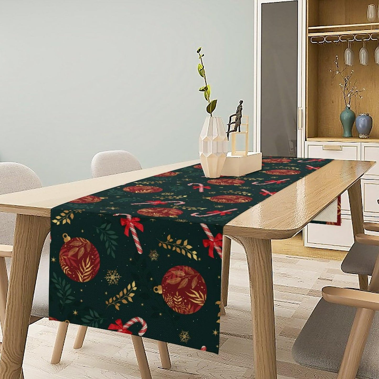 Christmas Table Runner,Green Red Xmas Balls Winter Holiday Dinner Table Decoration for Home Living Room Kitchen Dining Room 13x36in