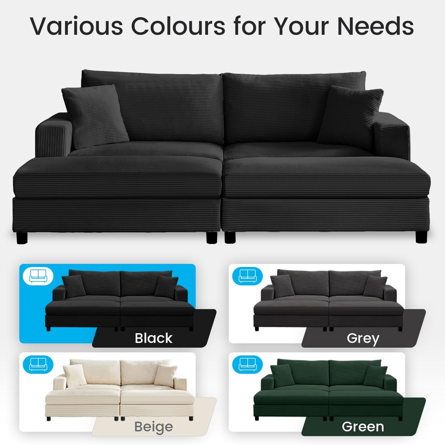 Mjkone Chaise Lounge Chair Indoor, 86 "W Oversized Double Sleeper Sofa with 2 Ottomans, Extra-Large Corduroy Upholstered Modular Sectional Couch Deep Seat for Reading, Living Room, Office, Black