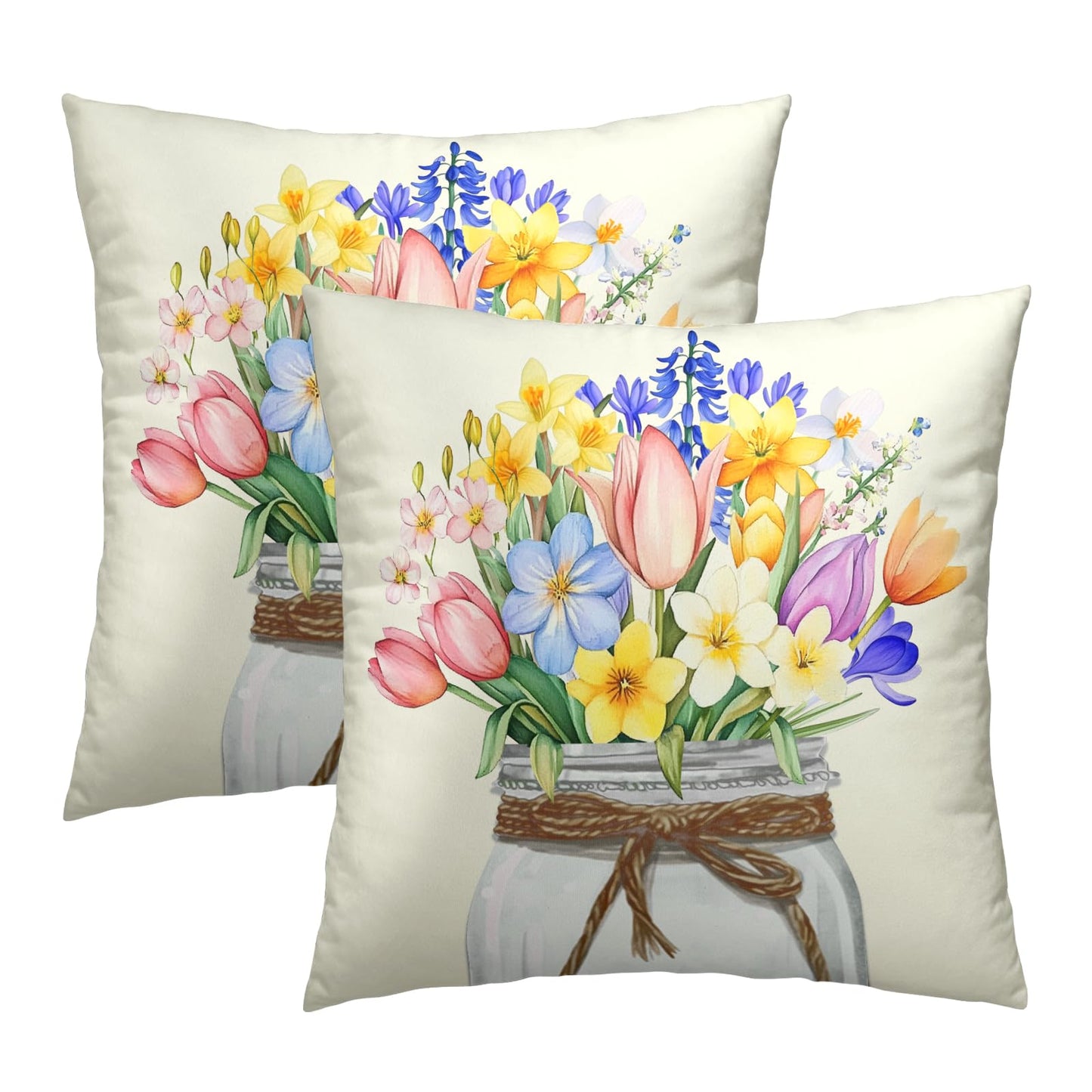 Easter Flowers Throw Pillow Covers 18x18 Set of 2, Spring Tulip Lavender Floral Mason Jar Square Pillowcases Cotton Cushion Cover Decoration for Couch Sofa Living Room Bedroom Home