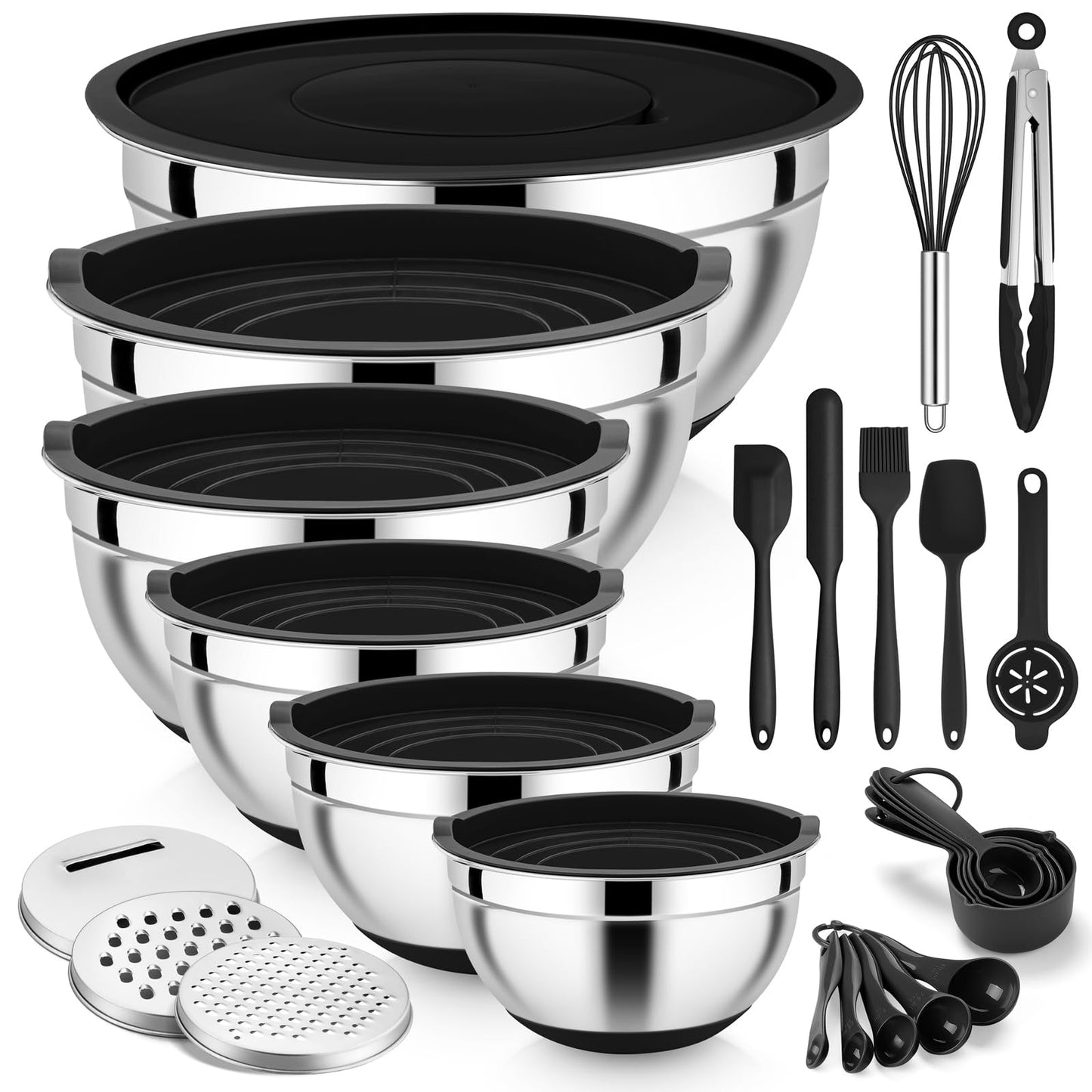 E-far Mixing Bowls with Airtight Lid Set, 25PCS Stainless Steel Nesting Prep Bowls with Grater Attachments Non-Slip Bottoms for Cooking, Baking, Serving, Food Storage, 4.6/2.6/2/1.5/1/0.7QT - Black