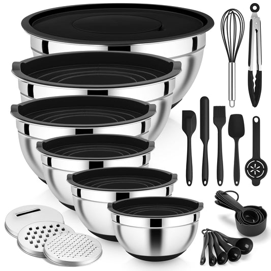 E-far Mixing Bowls with Airtight Lid Set, 25PCS Stainless Steel Nesting Prep Bowls with Grater Attachments Non-Slip Bottoms for Cooking, Baking, Serving, Food Storage, 4.6/2.6/2/1.5/1/0.7QT - Black