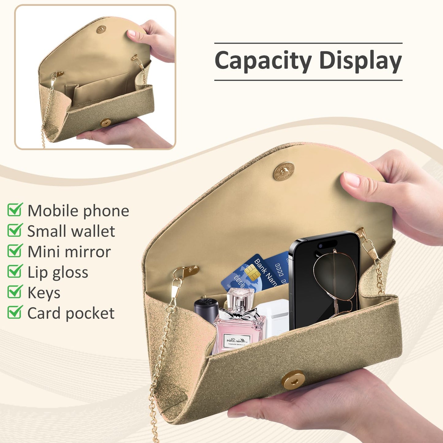 PACETAP Women's Evening Bag Clutch Purse, Glitter Party Wedding Handbag with Chain for Women Formal Wedding Party Cocktail Prom Dinner(Champagne)