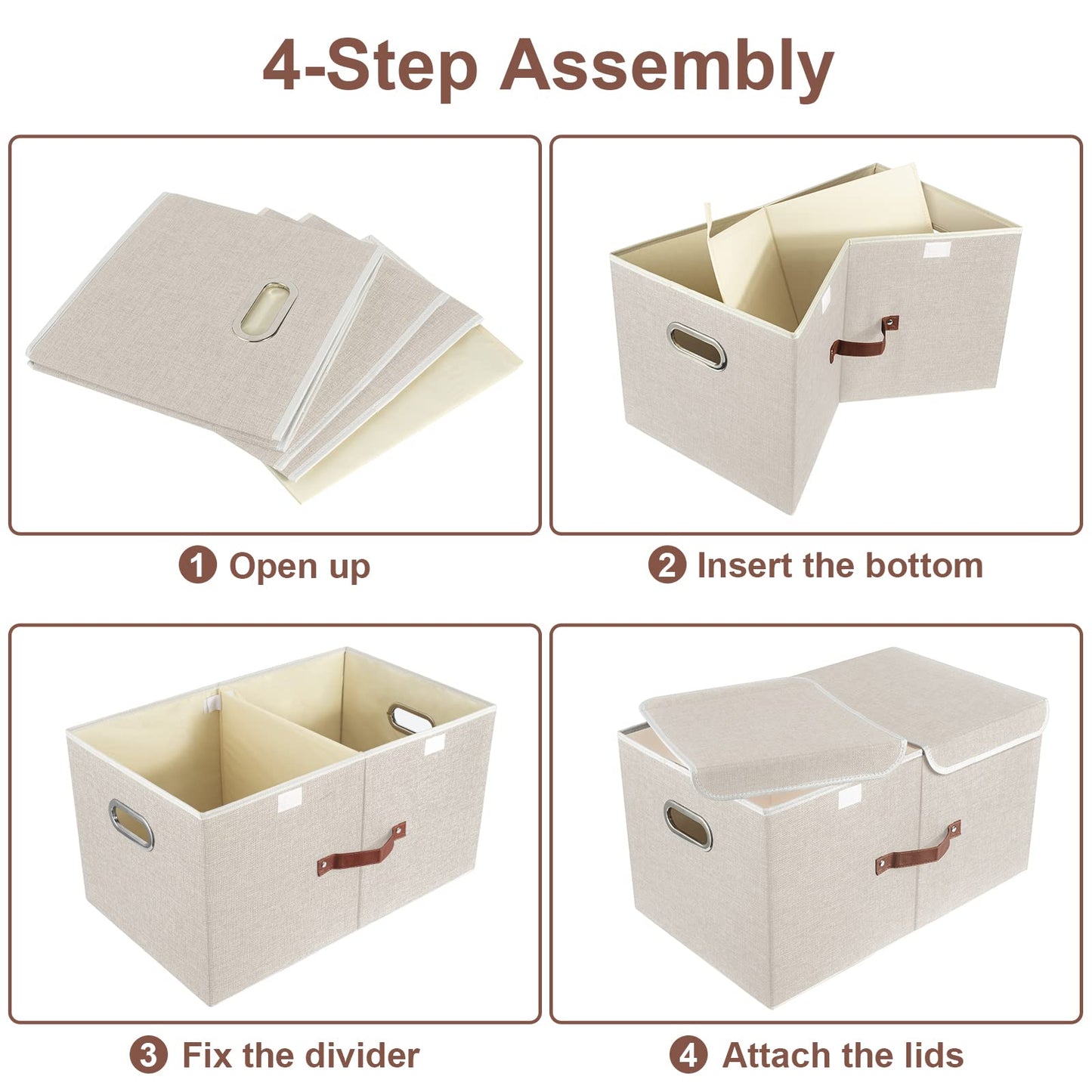 TYEERS Extra Large Collapsible Storage Bins with Lids and Compartments, Washable, Fabric Storage Boxes, 21.7x13x11.8 inches, 2 Pack, Beige