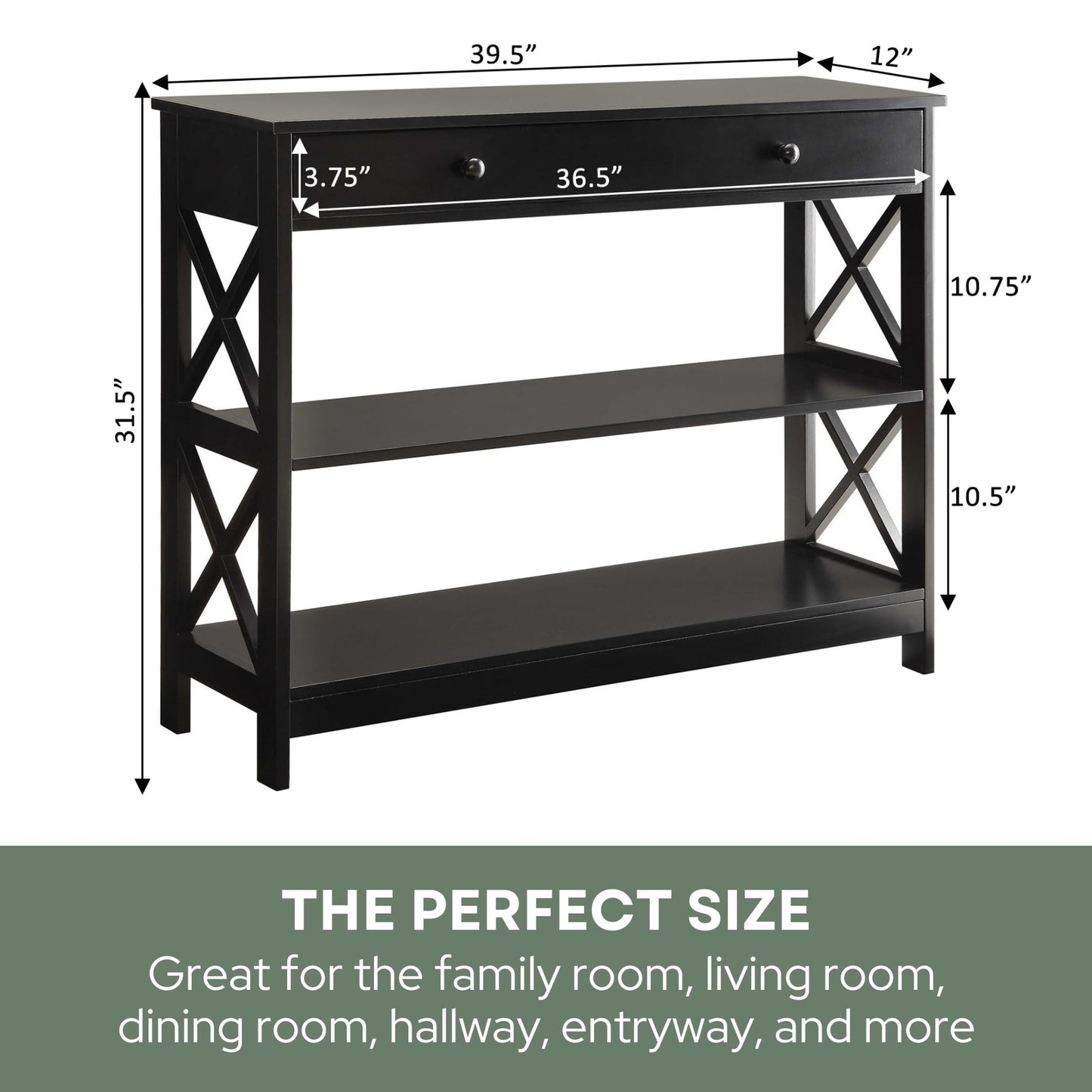 Convenience Concepts Oxford 1-Drawer Console Table 39.5" - Farmhouse Sofa Display with Storage Shelf For Living, Family, & Dining Room, Modern Entryway Hall Table for Kitchen, Bedroom, Black