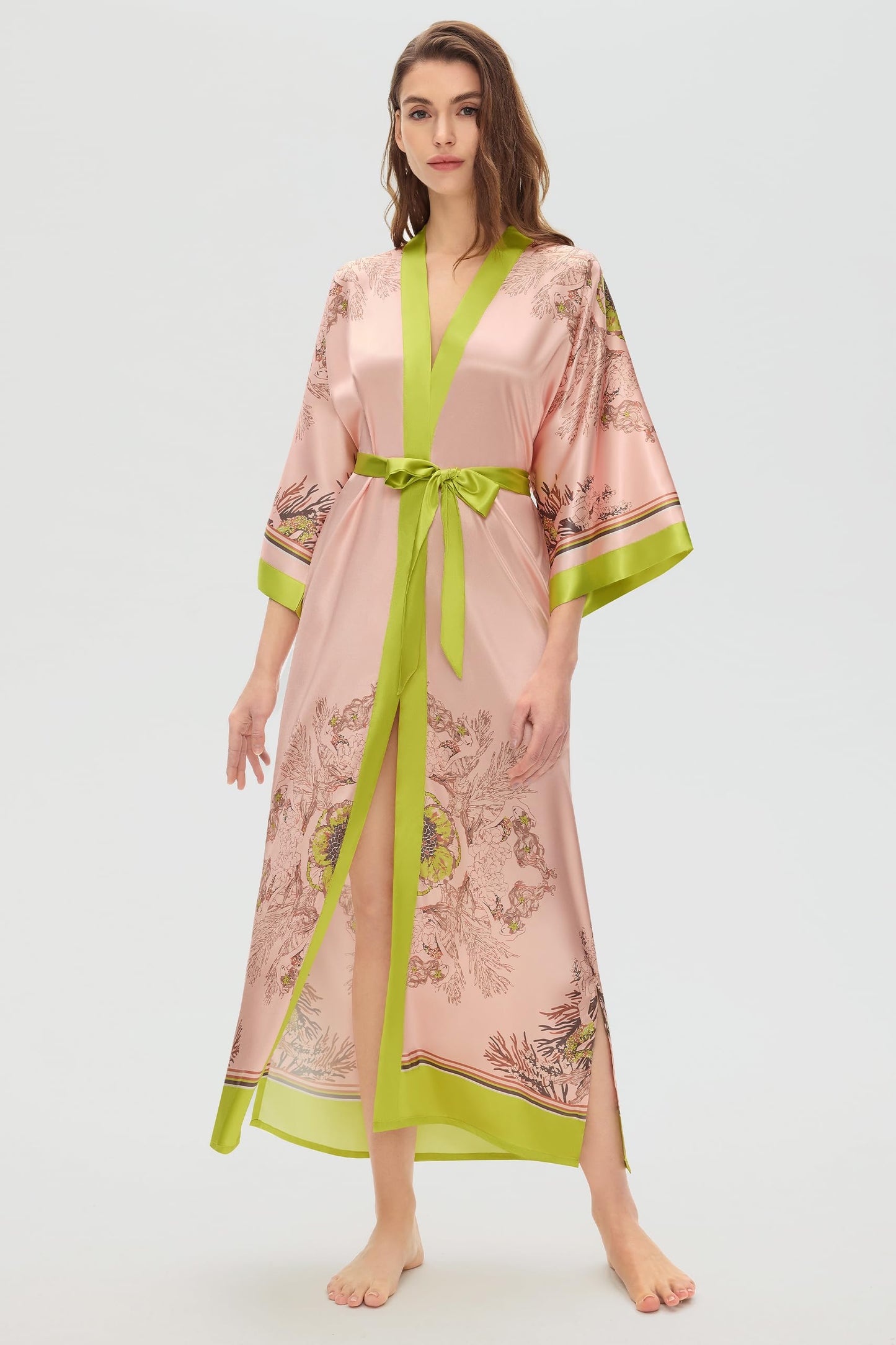 PRODESIGN Kimono Robes for Women - Long Satin Sleepwear Silky Nightgown Bathrobe Floral Dressing Gown Blouse Wedding Robe