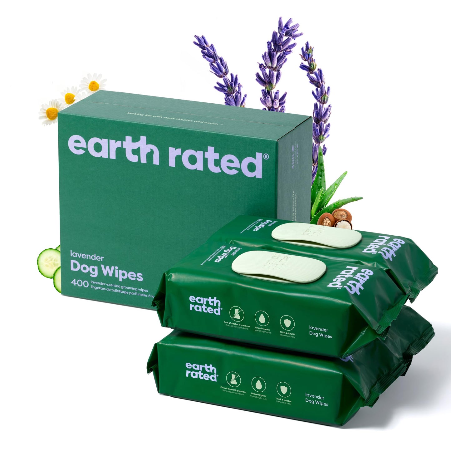 Earth Rated Dog Wipes, Hypoallergenic, Cleaning and Hydrating, for Grooming Paws, Body and Butt, Lavender Scented, 400 Count