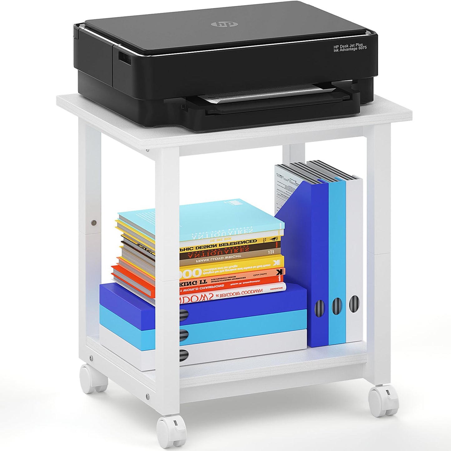 ITHWIU Under Desk Printer Stand, 2-Tier 19.5''x 16''x 22'' Rolling Printer Stand Storage Shelves for Printer, Scanner, Fax Machine, Files, Books with Anti-Skid Feet for Home, Office, White
