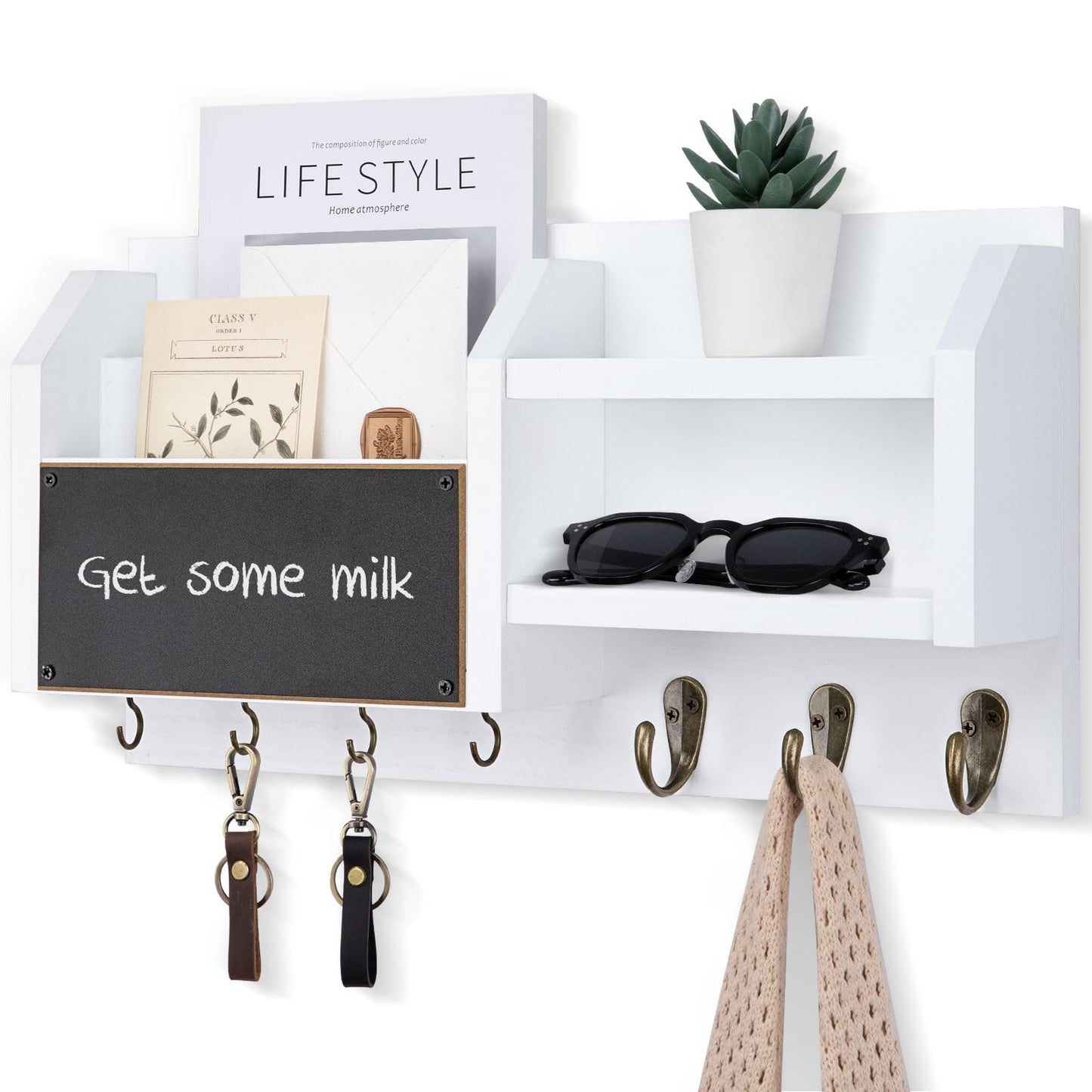 Lwenki Mail and Key Holder – Wall Mount Key Hanger with Shelf and 7 Metal Hooks – Decorative Natural Paulownia Wood Entryway Organizer with Mounting Hardware (16.5”W x 8.7”H x 3.5”D) (White)