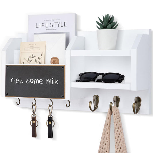 Lwenki Mail and Key Holder – Wall Mount Key Hanger with Shelf and 7 Metal Hooks – Decorative Natural Paulownia Wood Entryway Organizer with Mounting Hardware (16.5”W x 8.7”H x 3.5”D) (White)