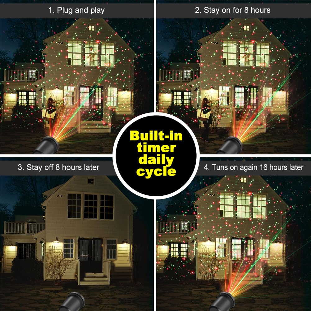 Christmas Laser Light Projector Red and Green Star Laser Lights Show with Timer for Outdoor Decorations Waterproof Landscape Lighting for Christmas and Holidays