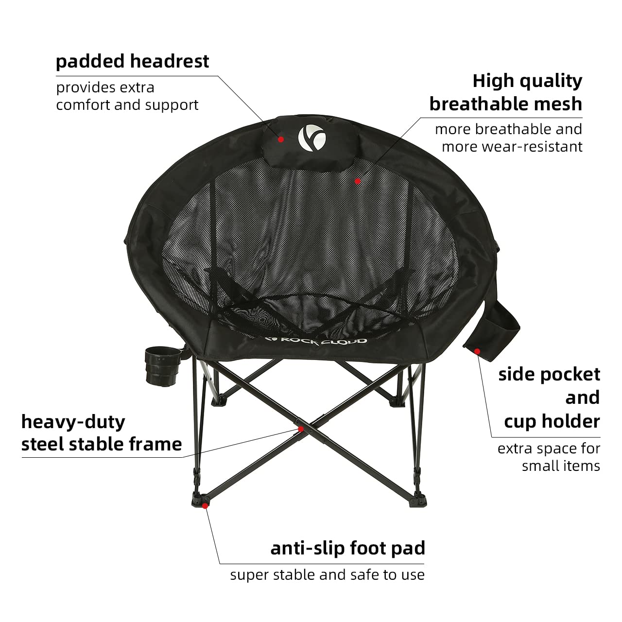 ROCK CLOUD Folding Camping Chair Oversized Padded Moon Chairs Outdoor for Camp Lawn Hiking Fishing Sports, Black