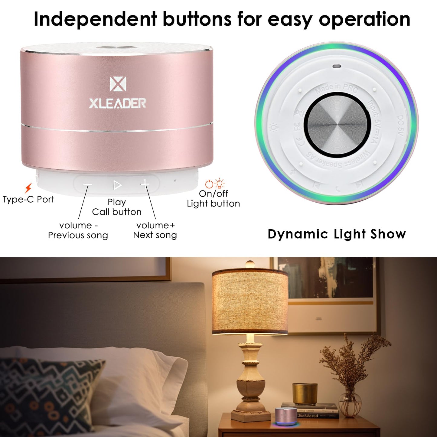 XLEADER Mini Bluetooth Shower Speaker, IPX6 Waterproof Speaker, with RGB Lights, Mic, Portable Silicone Lanyard, Suction Cup, Clear Sound&Rich Bass, 12h Playtime, Small Pink Gifts for Girls Women