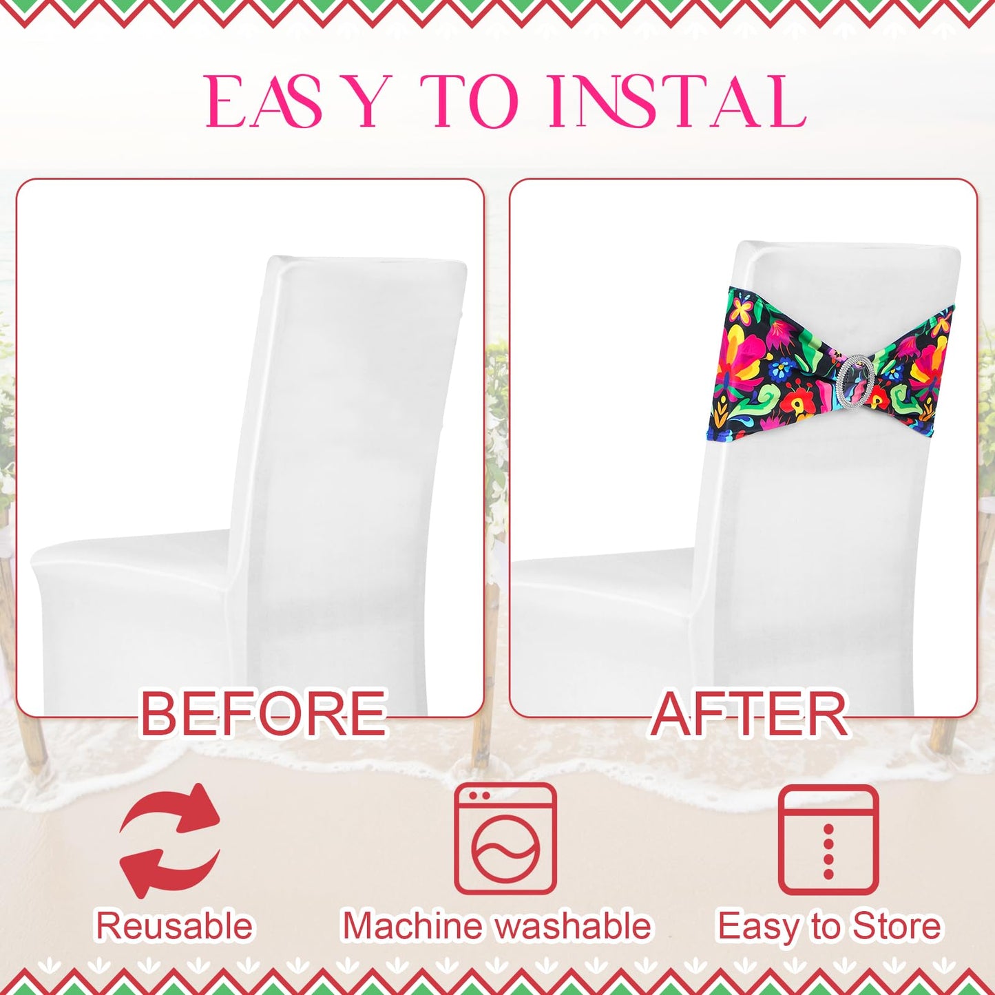 Newwiee 36 Pcs Mexican Theme Stretch Chair Sashes Bands with Buckle Mexican Chair Decorations Elastic Chair Bows for Folding Chairs Wedding Cinco De Mayo Event Fiesta Party Birthday Banquet