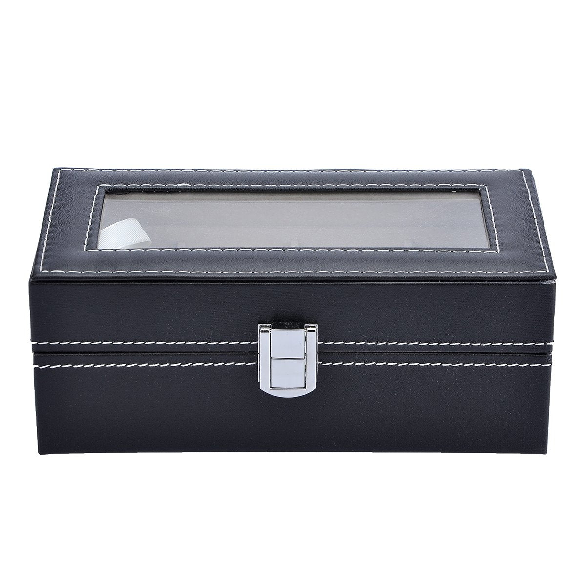Valyria Mens Watch Case Small 4 Watch Box Black Leather Display Glass Top Jewelry Case Organizer