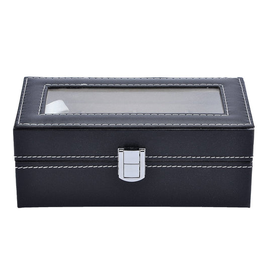 Valyria Mens Watch Case Small 4 Watch Box Black Leather Display Glass Top Jewelry Case Organizer