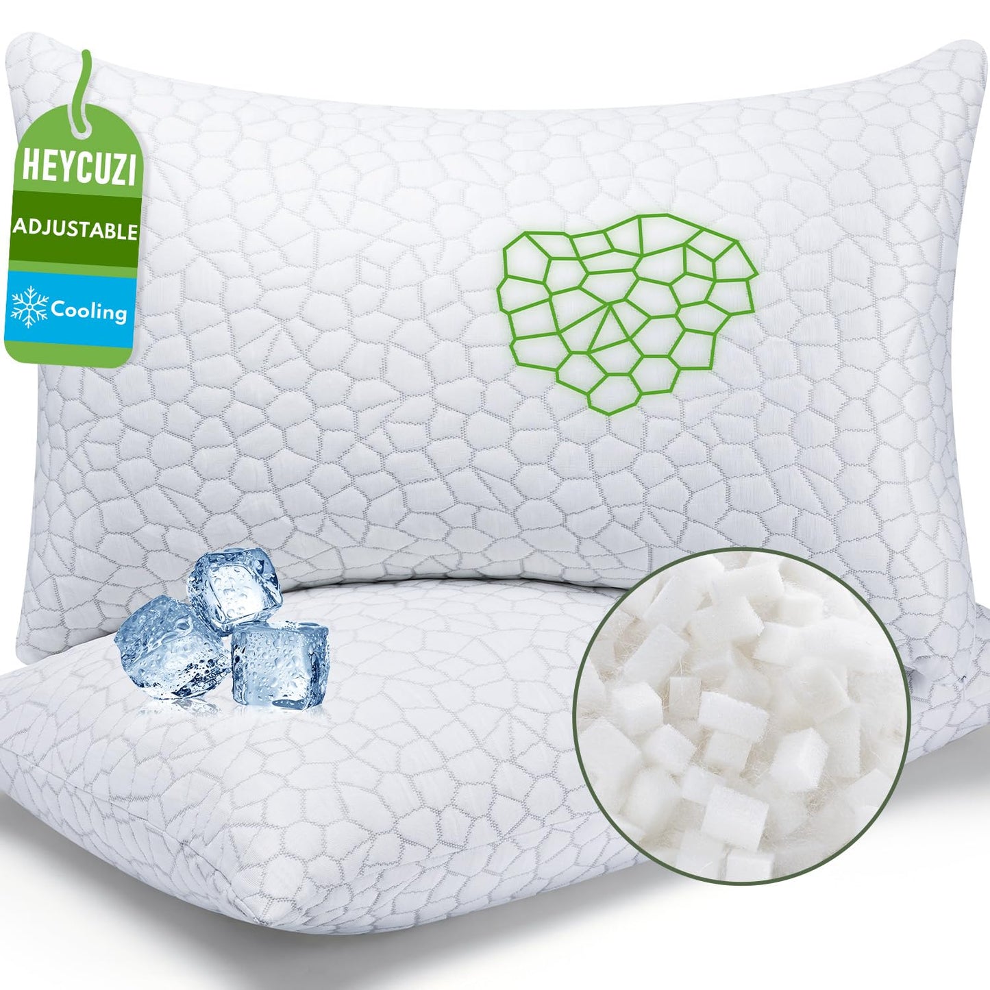 HEYCUZI Cooling Pillows Queen Size Set of 2 - Shredded Memory Foam Pillow for Sleeping 2 Pack, Adjustable Cool Bed Pillows for Side, Back, and Stomach Sleepers, Gel Pillow Washable Removable Cover