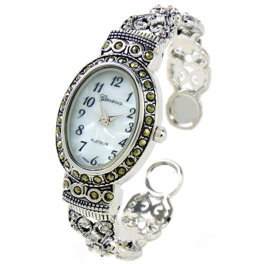 Silver Black Vintage Style Marcasite Crystal Oval Face Women's Bangle Cuff Watch