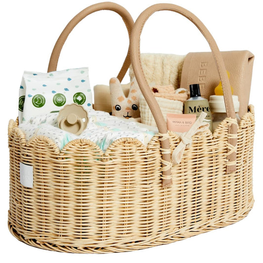 BEBE BASK Premium Baby Diaper Caddy Organizer - Handmade & Award-Winning Scalloped Rattan Basket - Luxury Diaper Caddy Basket - Elegant Scalloped Edge (Natural)