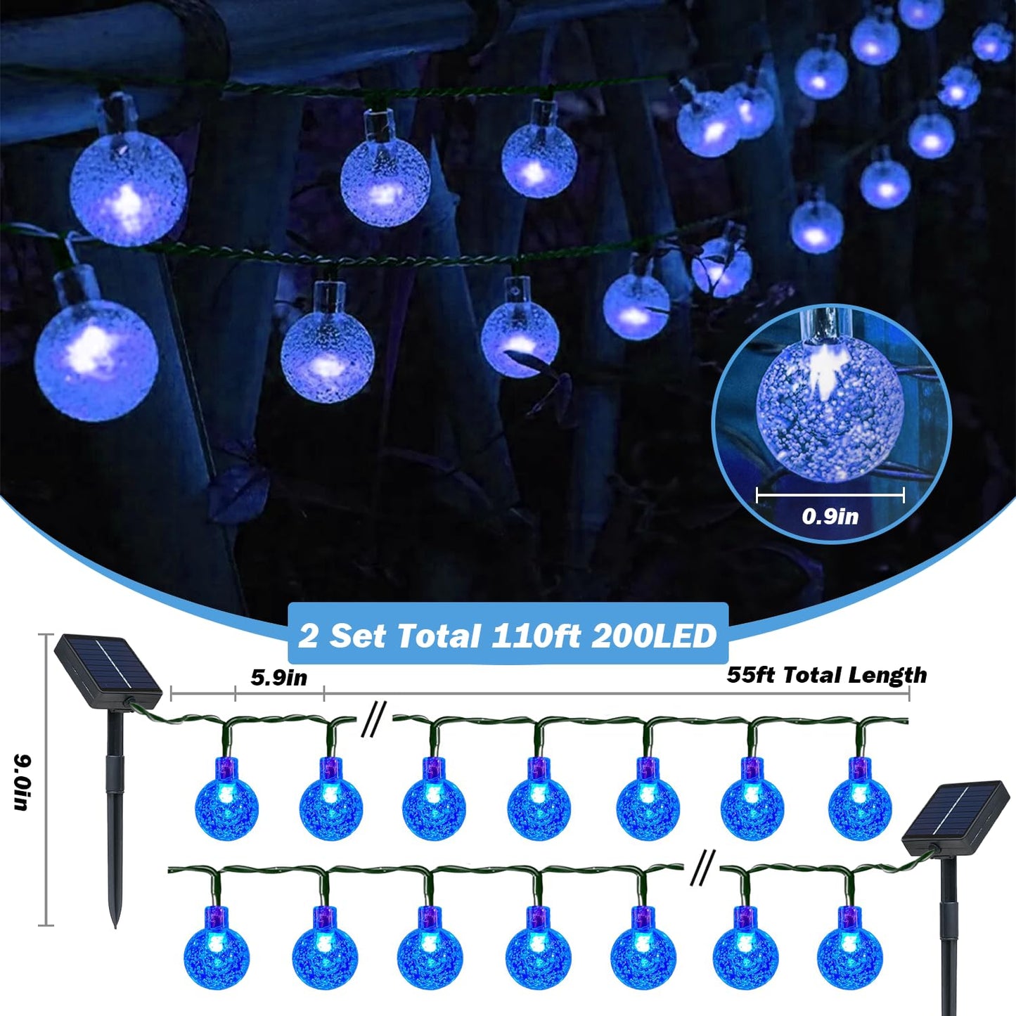 USOKYO Solar Lights Outdoor Waterproof, 2 Pack Total 200LED 110FT Solar String Lights for Outside with 8 Modes, Outdoor String Lights Crystal Globe Patio Lights for Garden Yard Party Decor(Blue)