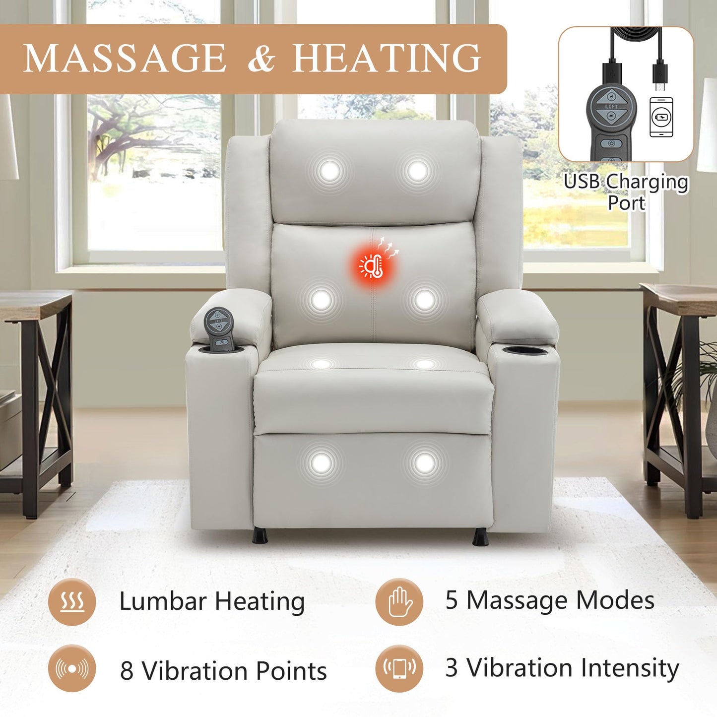 Recliner Chair for Adults Recliner Chair with Massage and Heat, Reclining Comfy Single Sofa with Side Storage and Cup Holders Theater Seating for Living Room, Bedroom