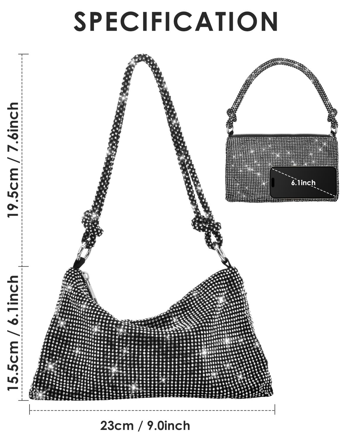 TINDTOP Women's Evening Bag, Rhinestone Clutch Purse Women Sparkly Mini Handbags, Cross Body Hobo Bag for Cocktail Party (Black)