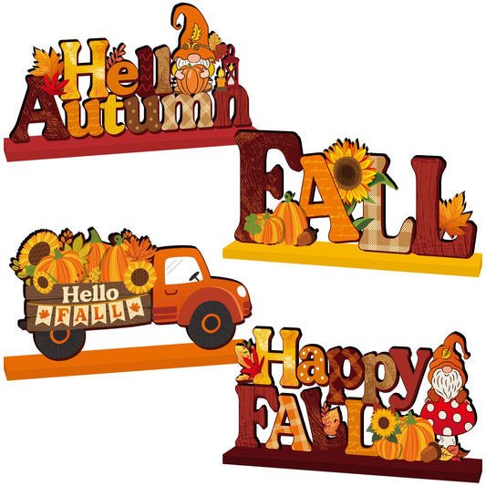 CHYAGCLT 4Pcs Fall Decorations, Autumn Wooden Table Centerpieces Pumpkin Truck Sunflower Maple Gnomes Style Fall Table Decor for Autumn Harvest Thanksgiving Decorations