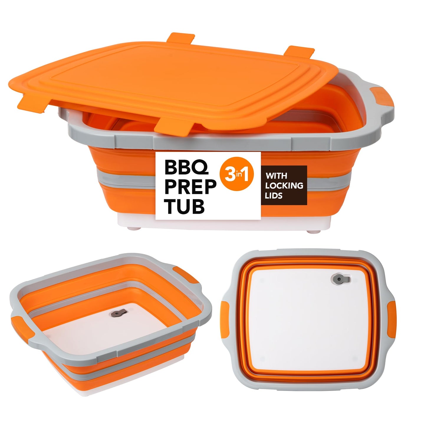 Large Collapsible BBQ Prep Tub with Locking Lid, Basket for Meal Prep Marinating Food Storage, Plastic Cutting Board(4.22 Gal/16L), Camping Sink with Colander, Dish Basin