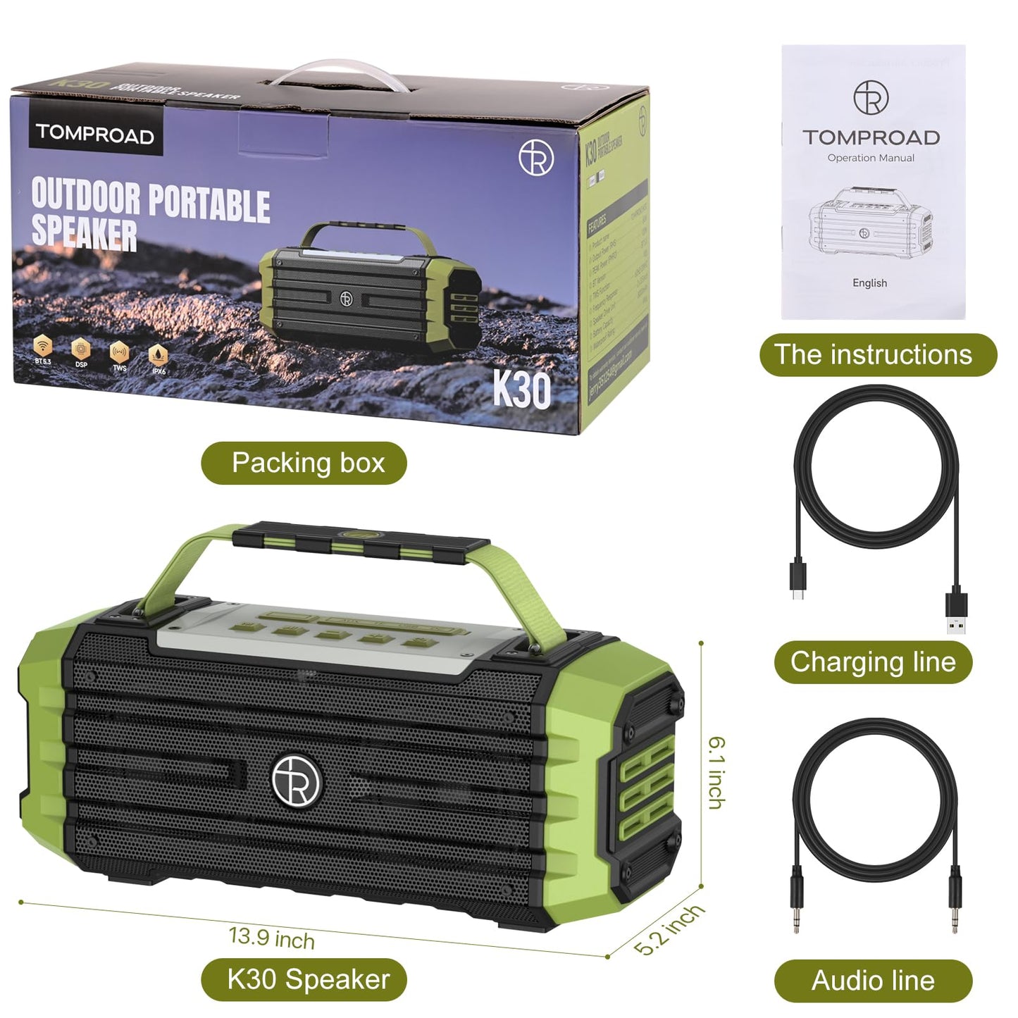 TOMPROAD Portable Bluetooth Speaker 120W Peak 80W Wireless Speakers, TWS Pairing, Deep Bass, Hi-Fi Loud Speaker, IPX6 Waterproof, DSP Sound Boombox for Outdoor, Camping, Party, Beach