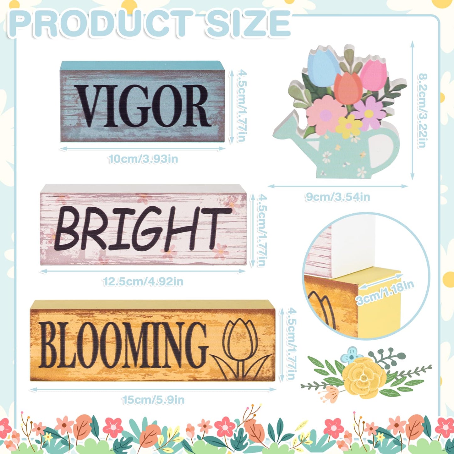 Summer Tiered Tray Decor Wooden Flower Kettle Block Signs Spring Wood Flower Block Summer Tiered Tray Decorations Vigor Bright Blooming Centerpiece Decorations for Kitchen Home Shelf Office Decor