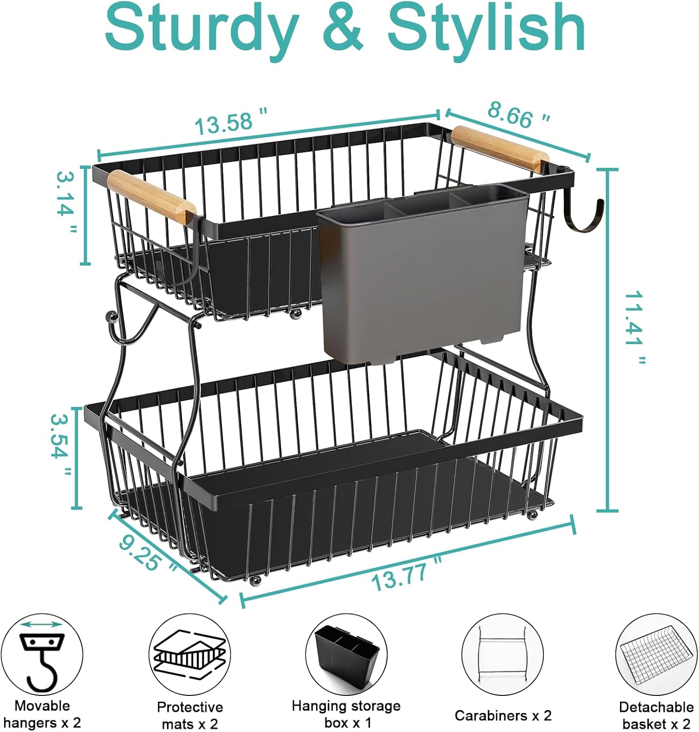 2 Tier Fruit Basket with 4 Banana Hangers and 1 hanging basket, Detachable Fruit Bowl for Kitchen Counter, Large Capacity Fruit Holder Stand Countertop Organizer for Bread Snack Produce Storage