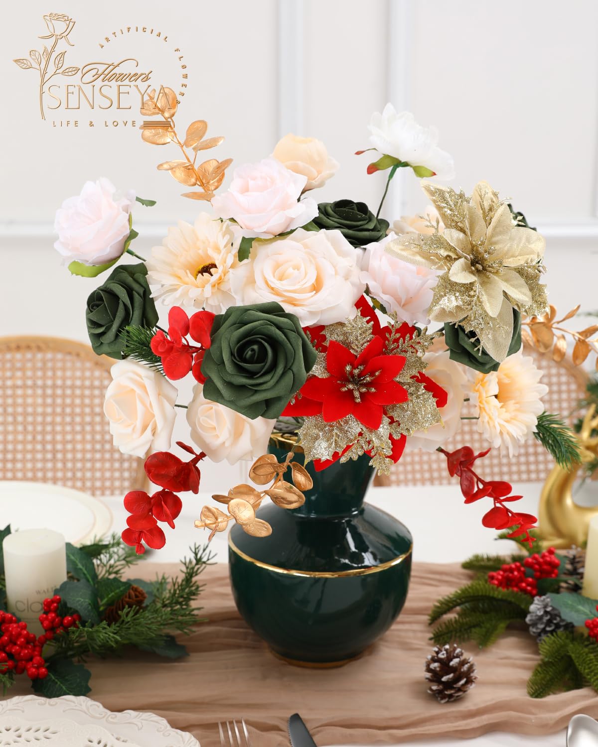 Senseya Artificial Christmas Flowers Poinsettia Combo Set, Mix Silk Flowers Fake Roses with Stems, for DIY Tree Ornaments Xmas Wreath Floral Arrangements Centerpieces Home Christmas Decorations
