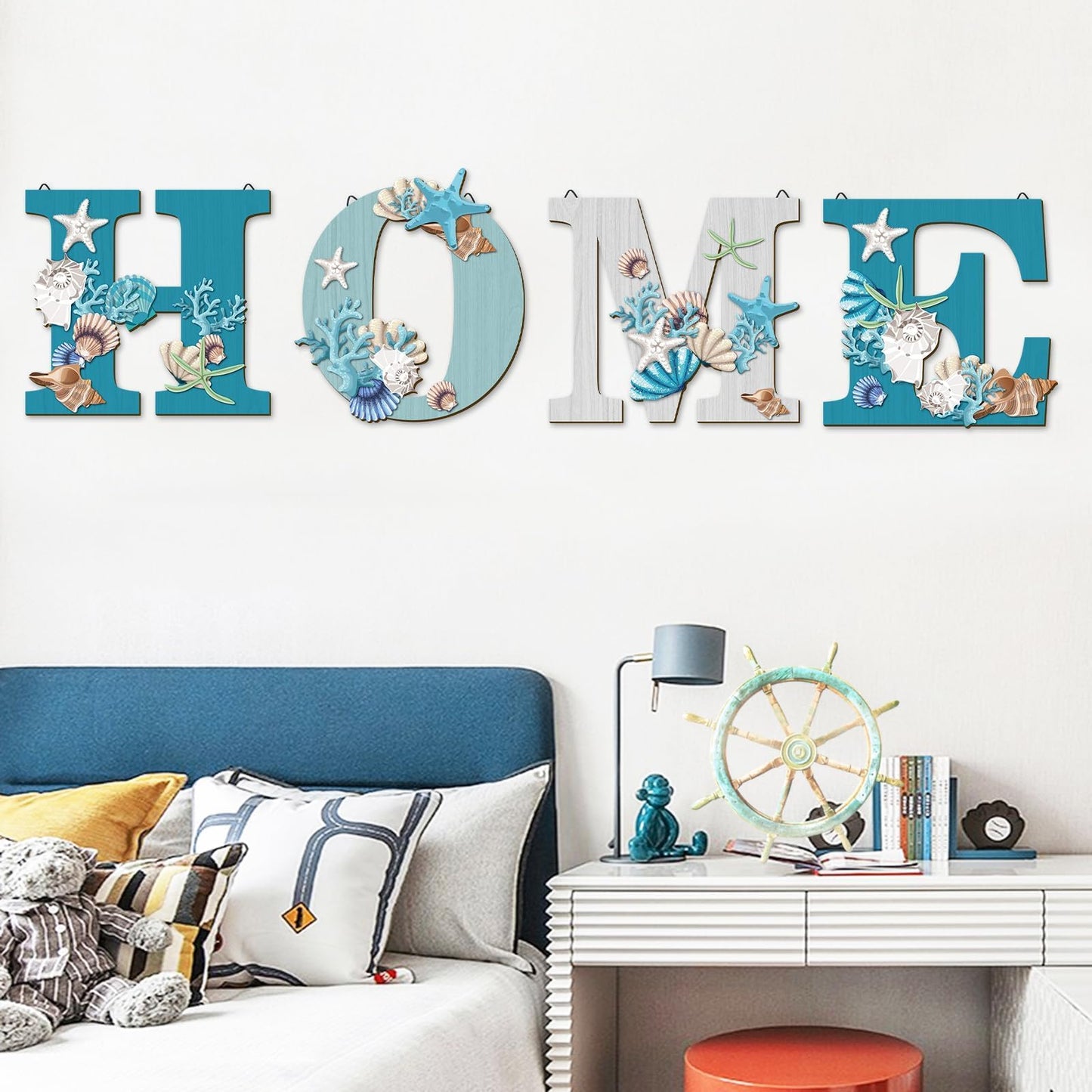 4 Pcs Wood Home Sign Coastal Beach Wall Decor Beach Style Signs Blue Starfish and Shell Wall Decor Beach Theme Sign for Home Letters Hanging Wall Decor Art Signs for Living Room Kitchen Bedroom Decor