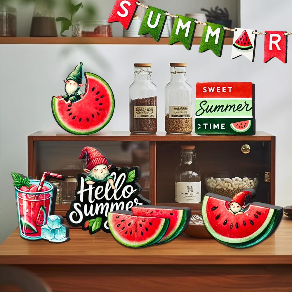 16 Pcs Summer Watermelon Decor - Wooden Farmhouse Tiered Tray Decorations Set, Watermelon Gnome Tiered Tray Decor, Summer Decorations for Home, Room, Table, Party, Kitchen, Office