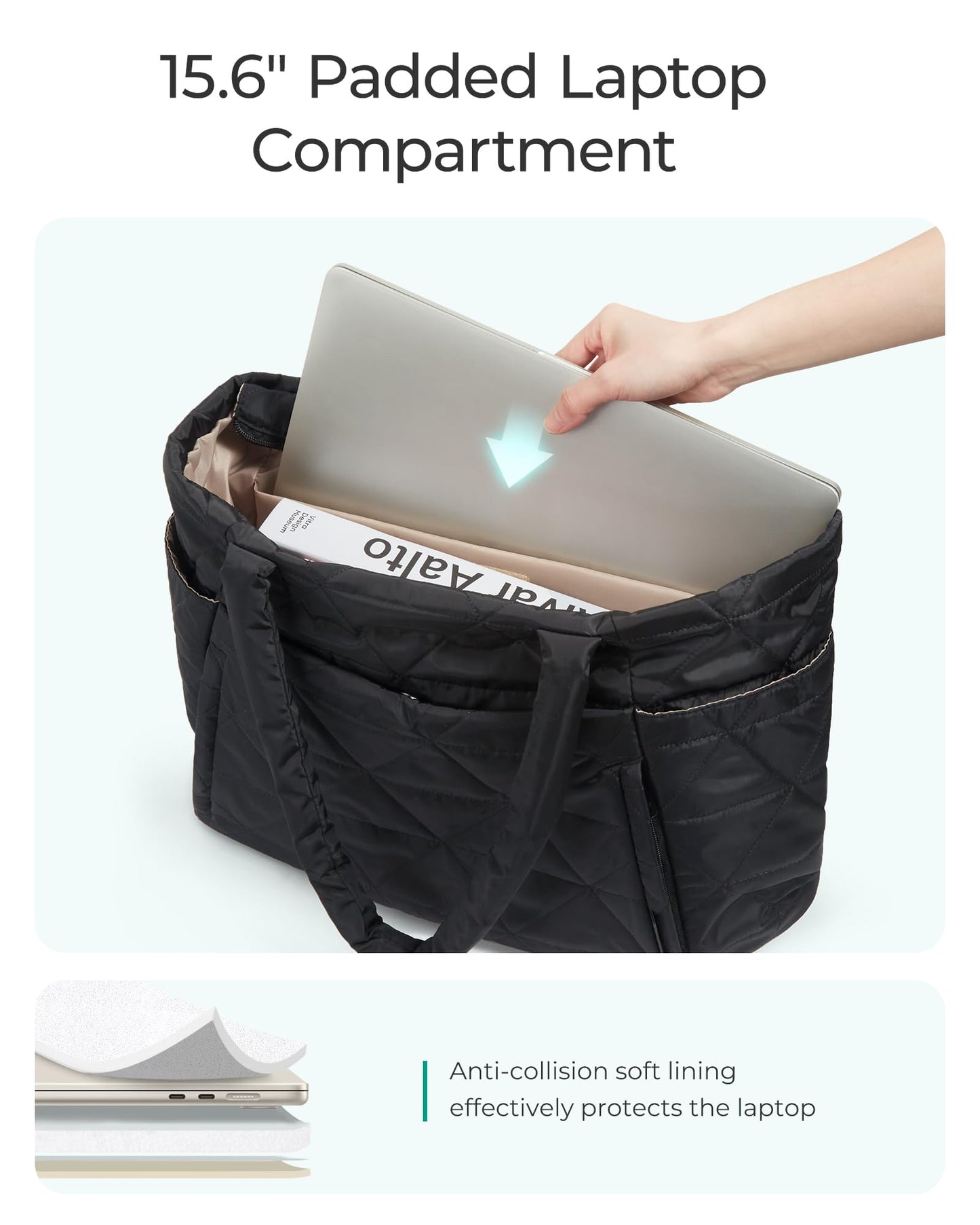 BAGSMART Tote Bag for Women, Puffy Tote Bag with Zipper, Large Quilted Shoulder Bag with Compartments for Travel, Work, Gym (Black)