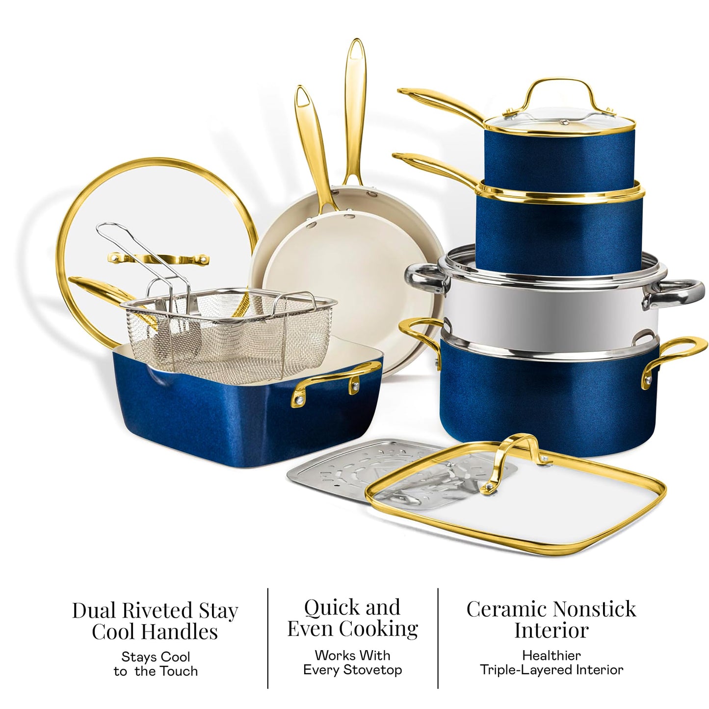 Gotham Steel 12 Pc Ceramic Cookware Set Nonstick, Ceramic Pots and Pans Set Non Stick with Steamer for Cooking, Non Toxic PFOA PFOS Free, Premium Stay Cool Handles, Oven & Dishwasher Safe