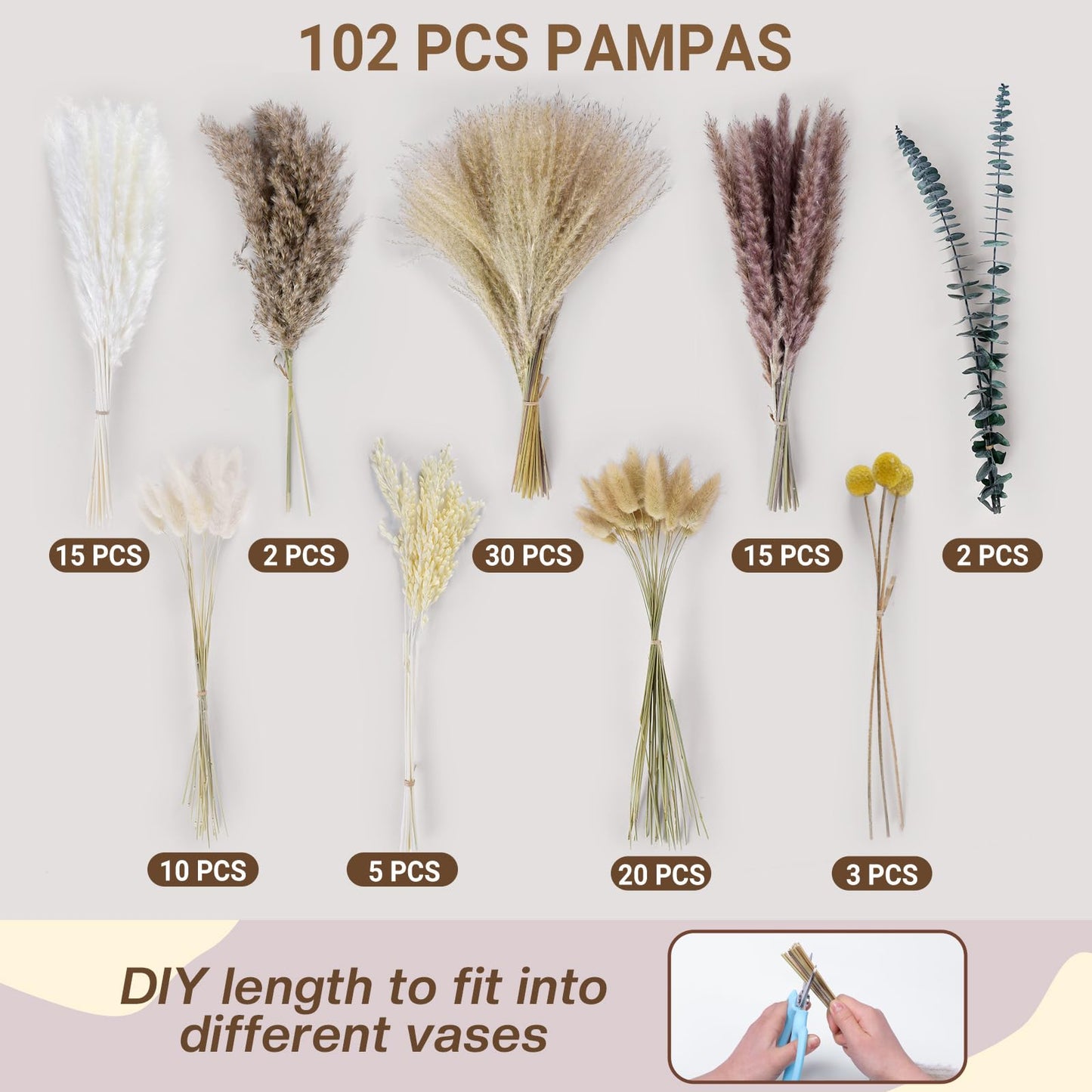 102pcs Dried Pampas Grass Flower Bouquet Decor-White Pompas Grass,Bunny Tails,Reed Grass Bouquet-Eucalyptus-Golden Ball for Boho Home Table Decor,Wedding Boho Flowers&Vase Fillers