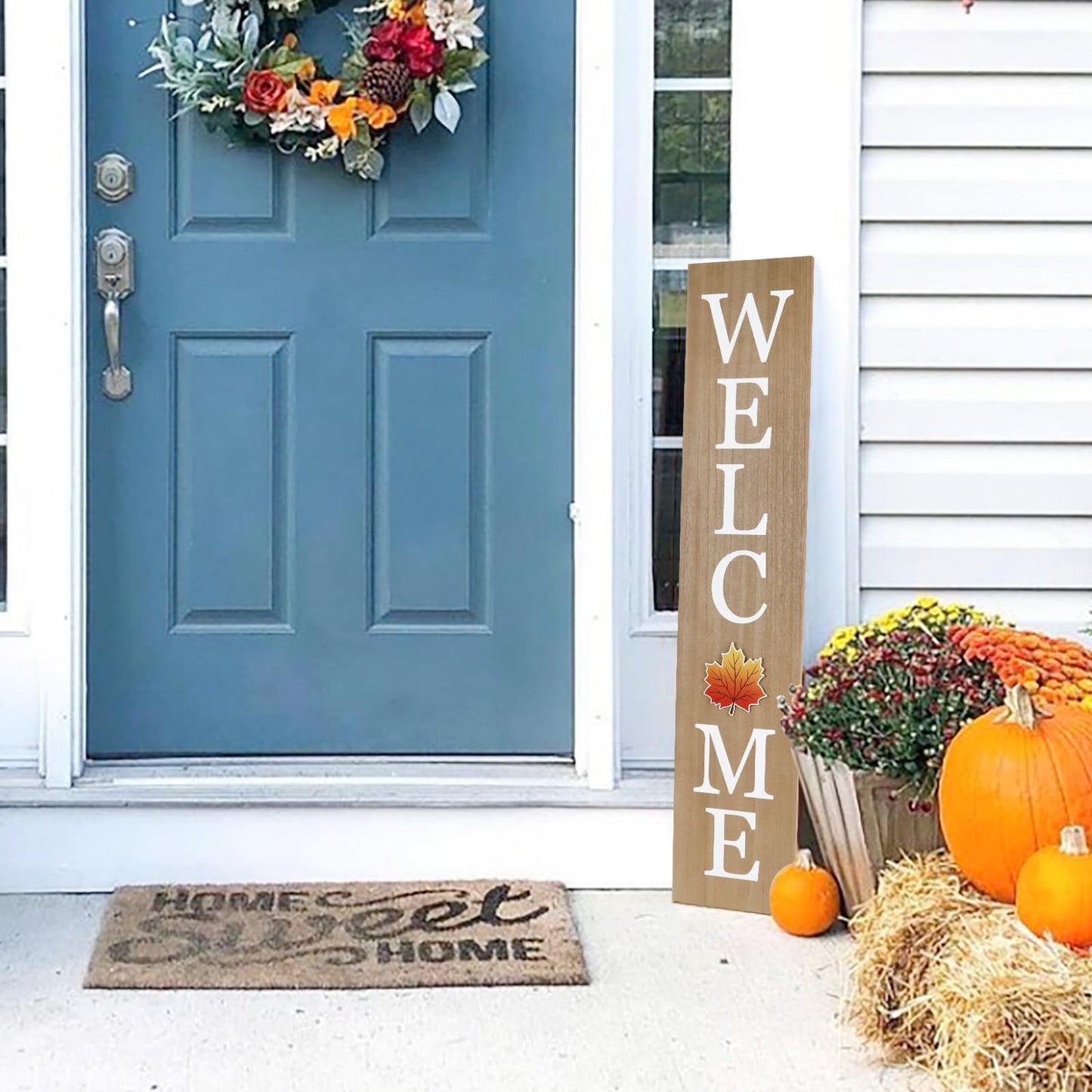 Interchangeable Welcome Sign for Front Porch- 45"X9" Large Standing/Hanging Wooden Sign with 12 PCS Replaceable Icons for 4th of July Fall Halloween Porch Wall Yard Decorations