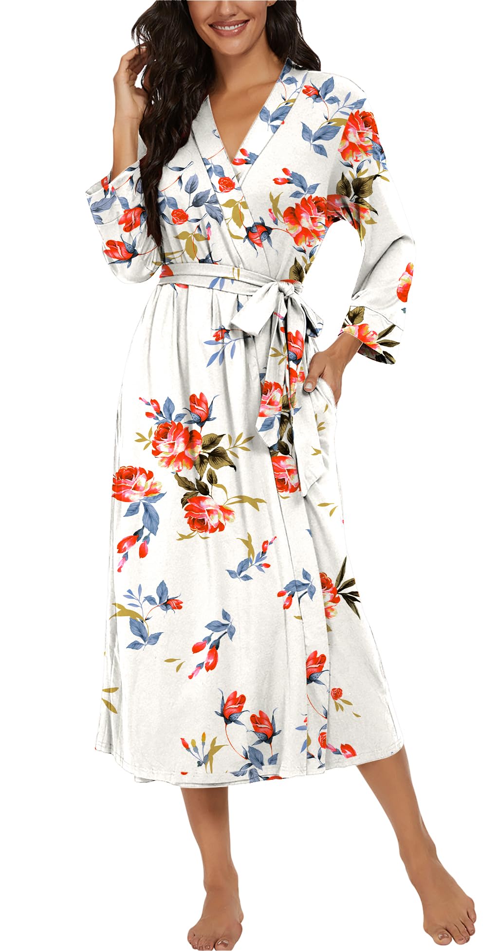 VINTATRE Women Kimono Robes Long Knit Bathrobe Lightweight Soft Knit Sleepwear V-neck Casual Ladies Loungewear FP-White-X-Large