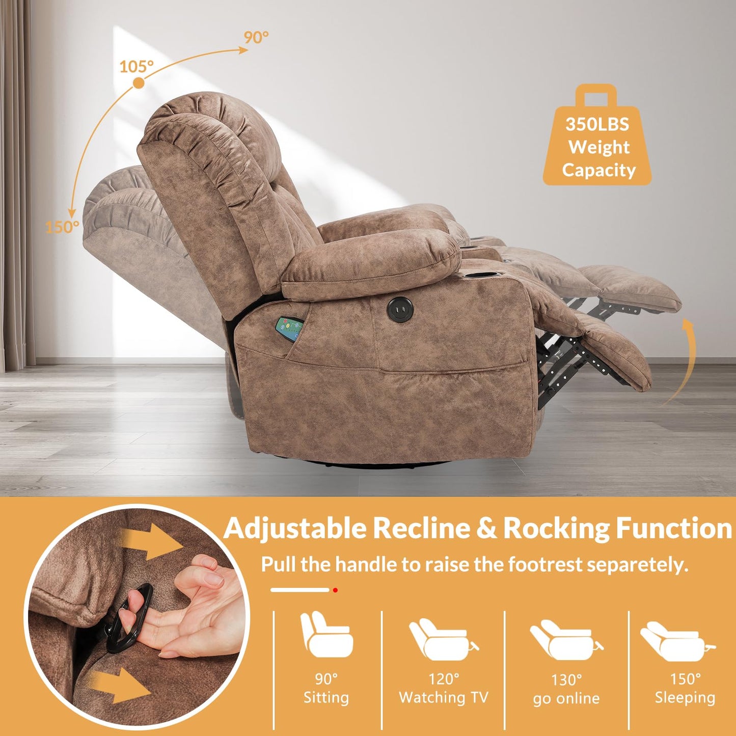 W WARMHOL 360° Swivel Glider Rocking Recliner Chair, Overstuffed Manual Massage Recliner with Heat and Vibration, Single Modern Sofa Home Seating for Living Room, Cup Holders/USB Ports (Plush-Brown)