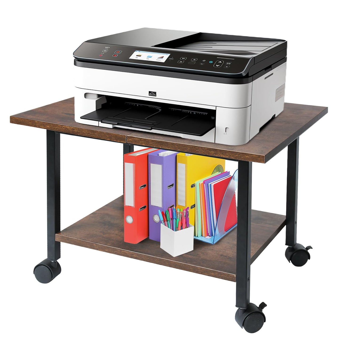 RANXFLOAT Printer Stand, Under Desk Printer Table with Wheels, 2 Tier Industrial Mobile Printer Table with Storage Shelf, Rolling Printer Cart Holder for Home, Office, Rustic Brown and Black