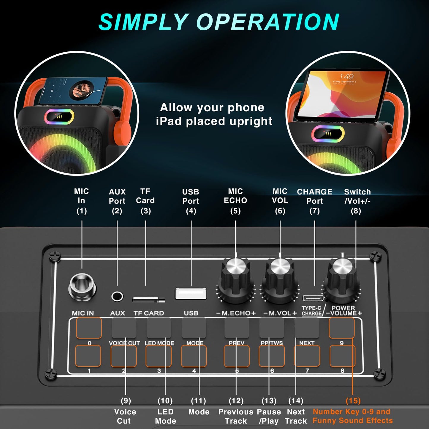 DFTRT Karaoke Machine with Two Wireless Microphones, Portable Karaoke Machine for Adults & Kids, Bluetooth Speaker with Bass/Treble Adjustment, PA System, LED Lights, Supports TF/USB, AUX in, FM, TWS